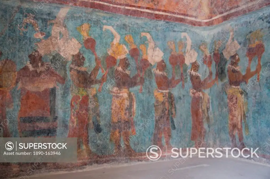 A procession of musicians in Room 1, Temple of Murals, Bonampak Archaeological Zone, Chiapas, Mexico, North America