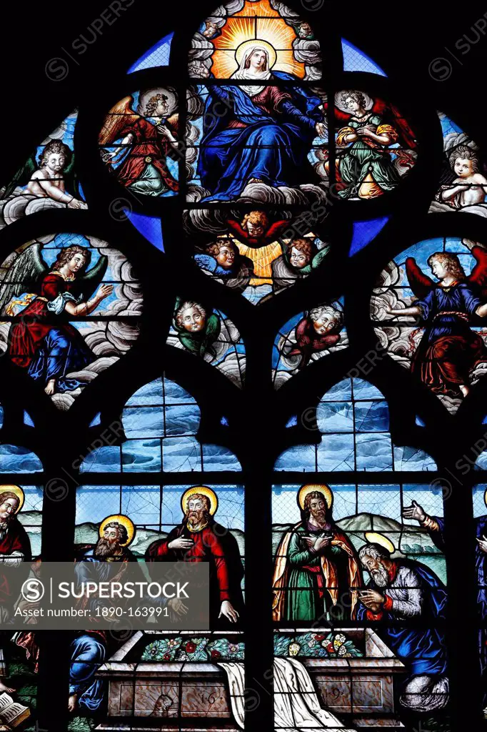 Stained glass window dating from 1619 of the Assumption of the Virgin, Bourges Cathedral, UNESCO World Heritage Site, Cher, Centre, France, Europe