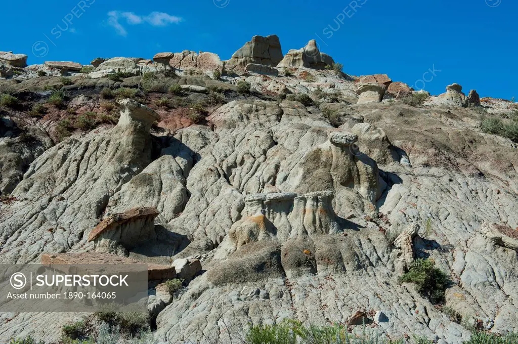 Strange rock formations in the Roosevelt National Park, North Dakota, United States of America, North America
