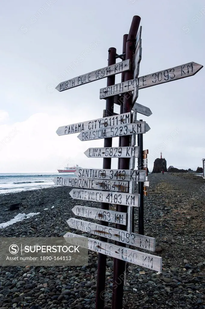 Worldwide signpost, Henryk Arctowski Polish Antarctic Station, King George Island, South Shetland Islands, Antarctica, Polar Regions