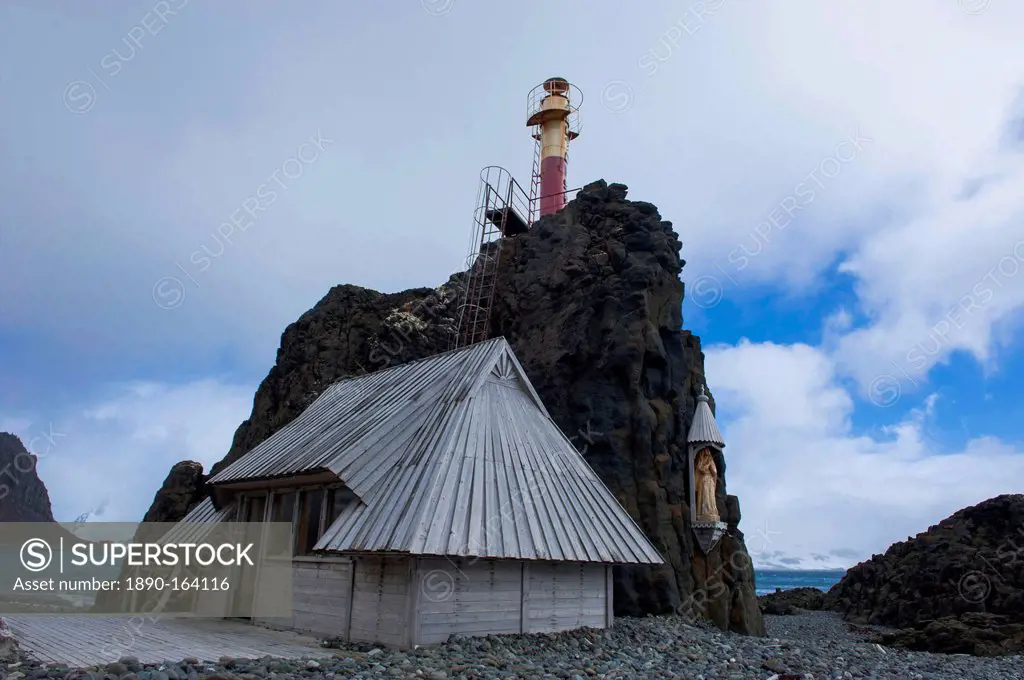 Little chapel and lighthouse at the Henryk Arctowski Polish Antarctic Station, King George Island, South Shetland Islands, Antarctica, Polar Regions