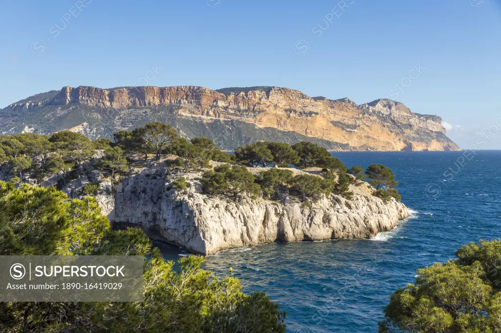 View over the Calanque de Port Pin and Cap Canaille, Calanques National Park, Cassis, Bouches du Rhone, Provence, France, Mediterranean, Europe