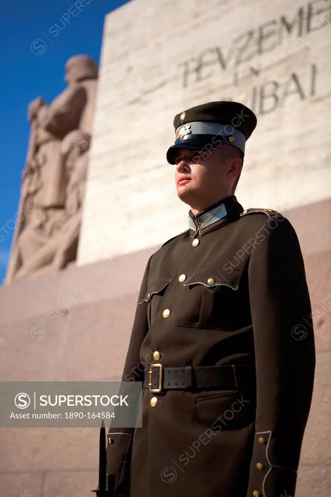 Soldier in front of the Latvian Freedom Monument, Riga, Latvia, Europe
