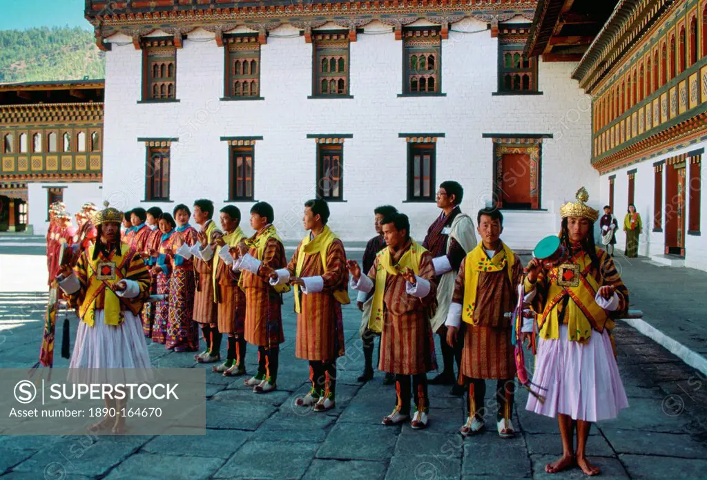 Royal palace processional musicians at |Tashichho Dzong,Thimpu, Bhutan