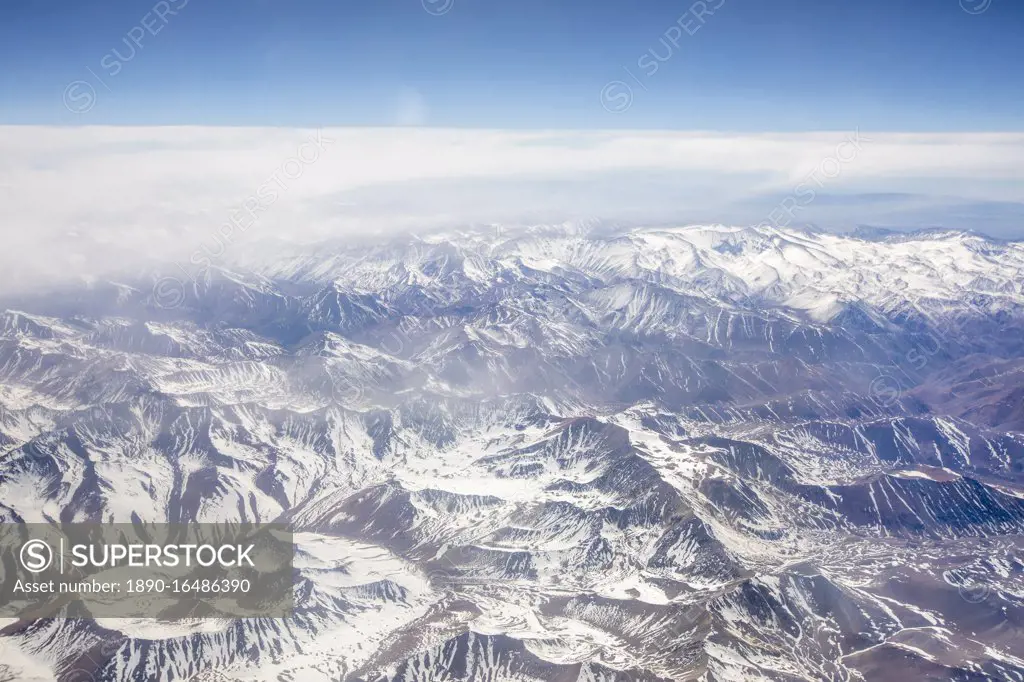 Aerial view of the snow-capped Andes Mountain Range, Chile, South America