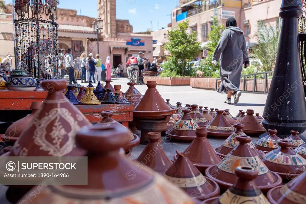 A street seller's wares, including tagines and clay pots near the Kasbah, Marrakech, Morocco, North Africa, Africa