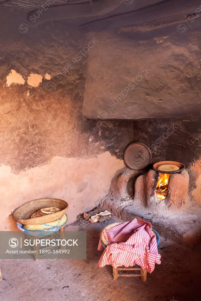 The kitchen of a traditional Berber home in the Ourika Valley, Morocco, North Africa, Africa