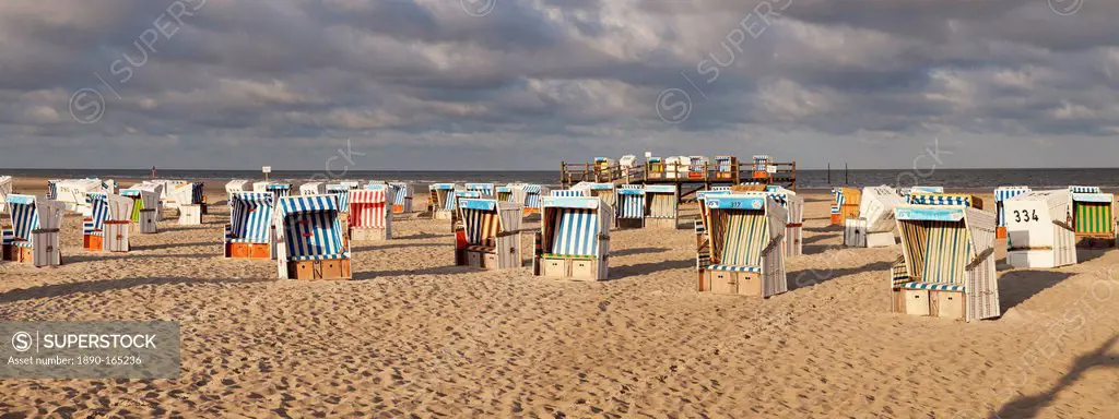 Beach chairs at the beach of Sankt Peter Ording, Eiderstedt peninsula, Schleswig Holstein, Germany, Europe