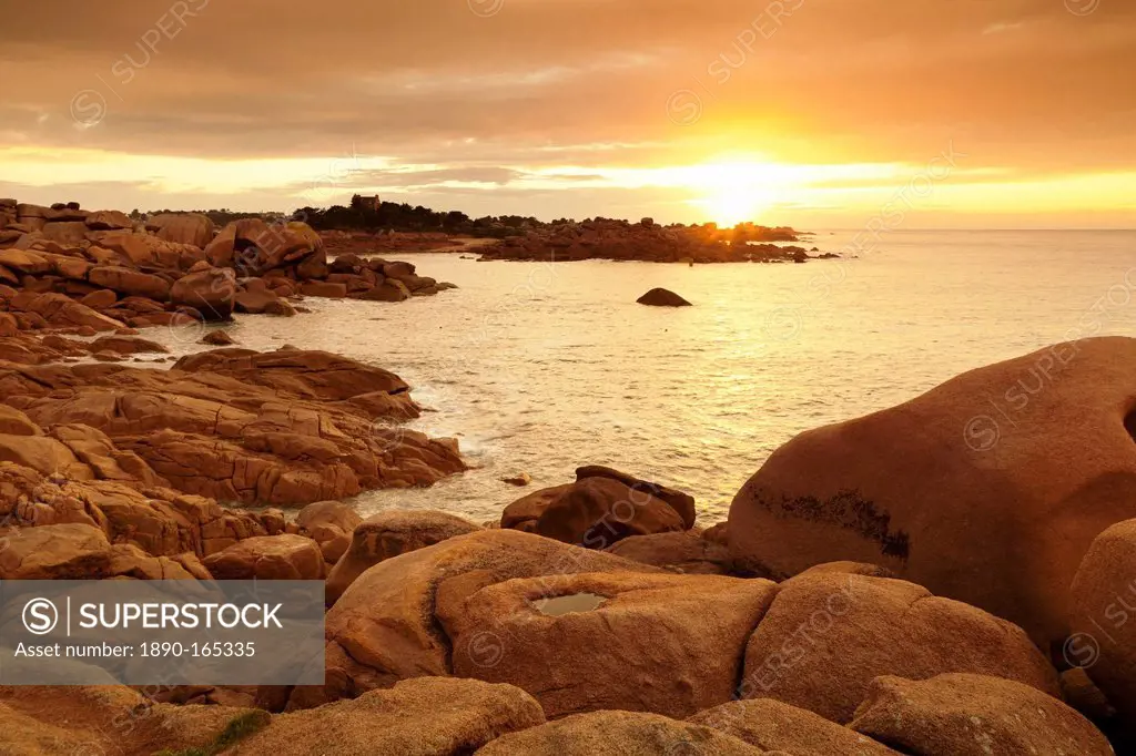 Rocks at the path Sentier des Douaniers on the Cote de Granit Rose at sunset, Cotes d'Armor, Brittany, France, Europe