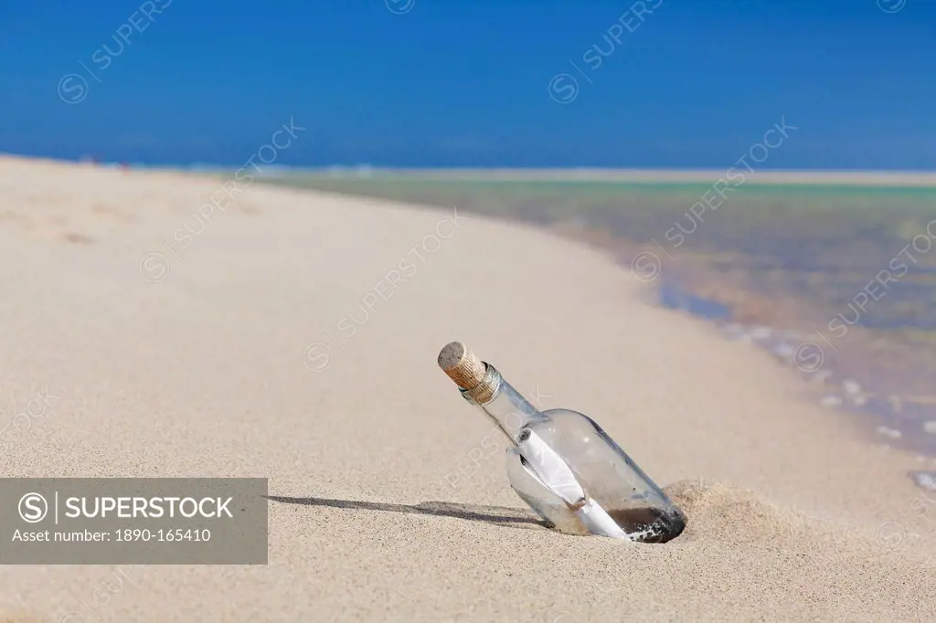 Message in a bottle at the beach of Risco del Paso, Fuerteventura, Canary Islands, Spain, Atlantic, Europe