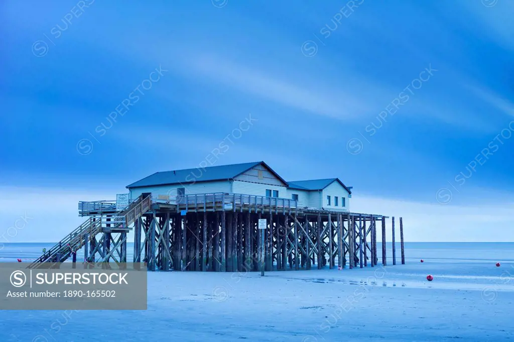 Stilt house on a beach, Sankt Peter Ording, Eiderstedt Peninsula, Schleswig Holstein, Germany, Europe