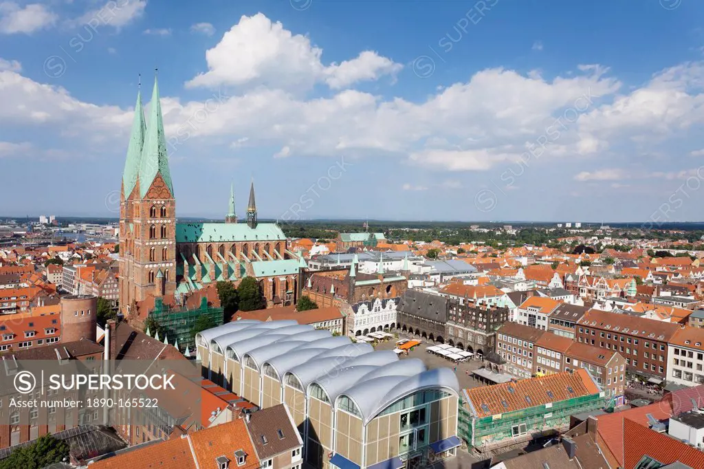 View of town hall and Marien Church, Lubeck, Schleswig Holstein, Germany, Europe
