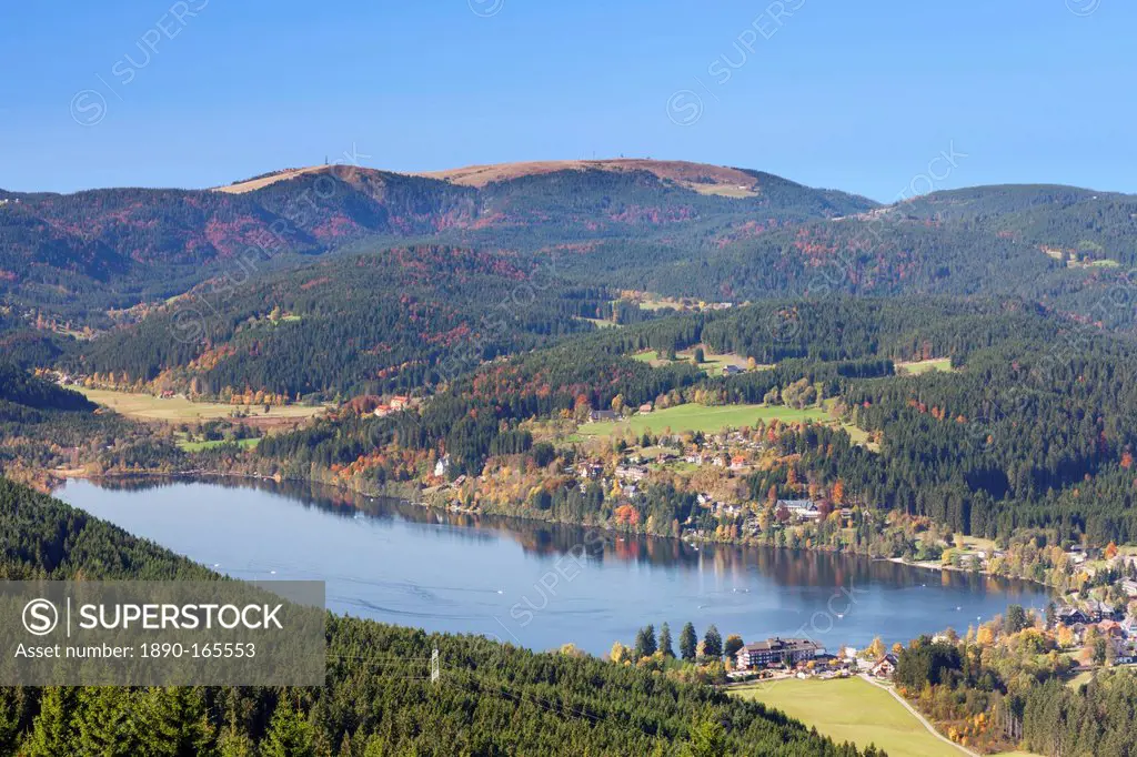 View from the Hochfirst mountain to Titisee Lake and Feldberg Mountain, Black Forest, Baden Wurttemberg, Germany, Europe