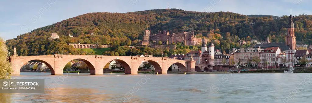 Karl Theodor Bridge, Stadttor, Castle and Heilig Geist church, Heidelberg, Baden Wurttemberg, Germany, Europe