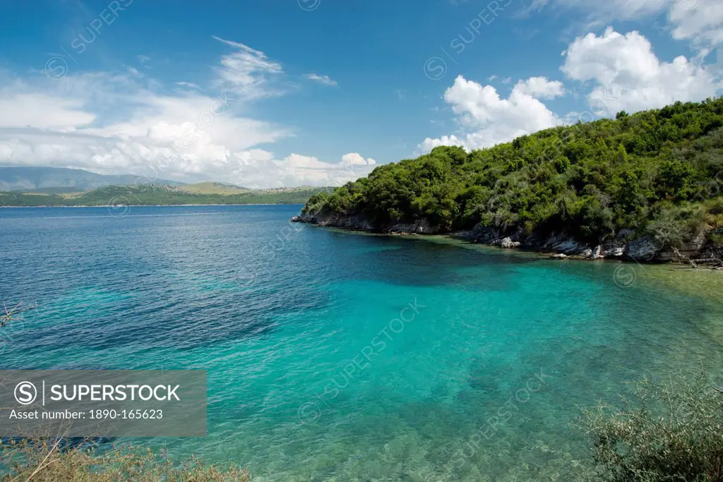 A small bay near the town of Agios Stefanos on northeast coast of Corfu, Ionian Islands, Greek Islands, Greece, Europe