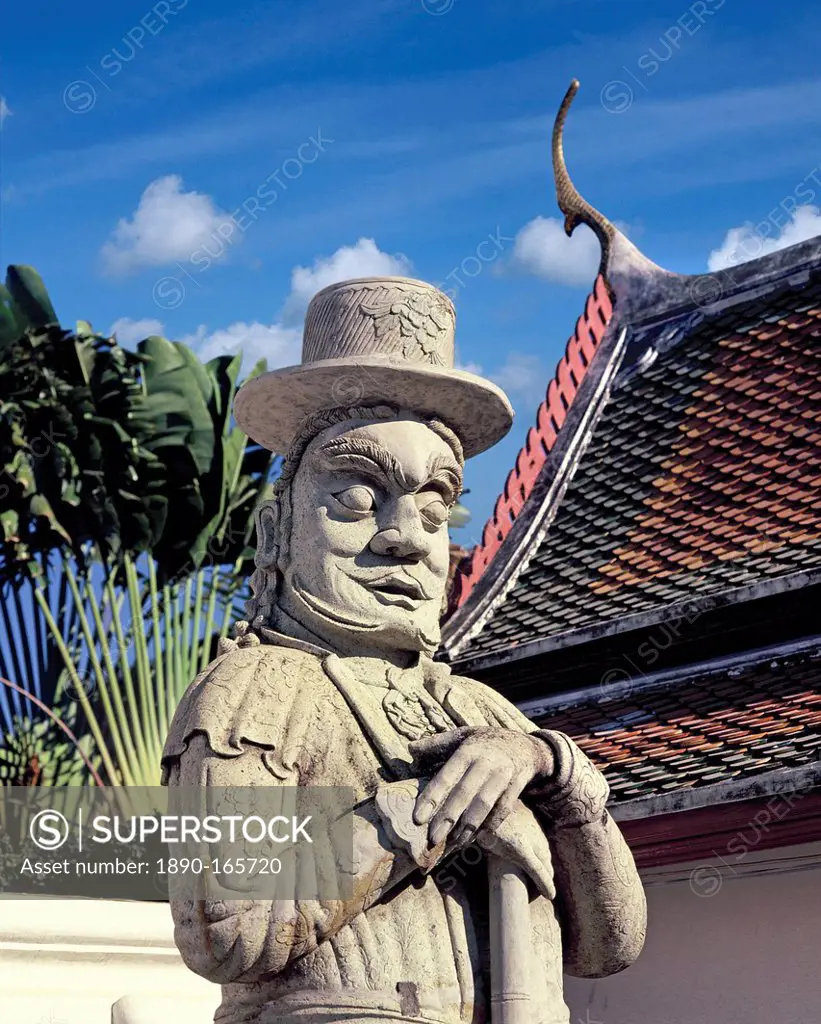 Guardian figure with European hat at Wat Pho (Wat Phra Chetuphon), early Rattanakosin period, Bangkok, Thailand, Southeast Asia, Asia