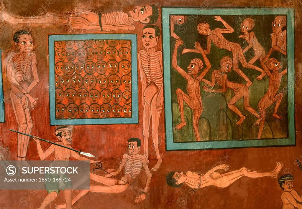Detail of murals with scenes of hell dating from the late Rattanakosin period, Wat Saket, Bangkok, Thailand, Southeast Asia, Asia