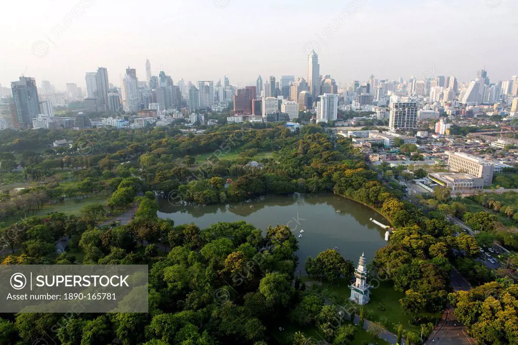 City skyline with Lumphini Park, the Green Lung of Bangkok, in the foreground, from the roof of Hotel Sofitel So, Sathorn Road, Bangkok, Thailand, Sou...