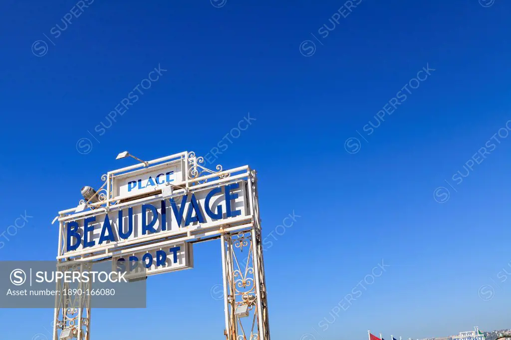 Beau Rivage beach sign, Nice, Alpes Maritimes, Provence, Cote d'Azur, French Riviera, France, Europe