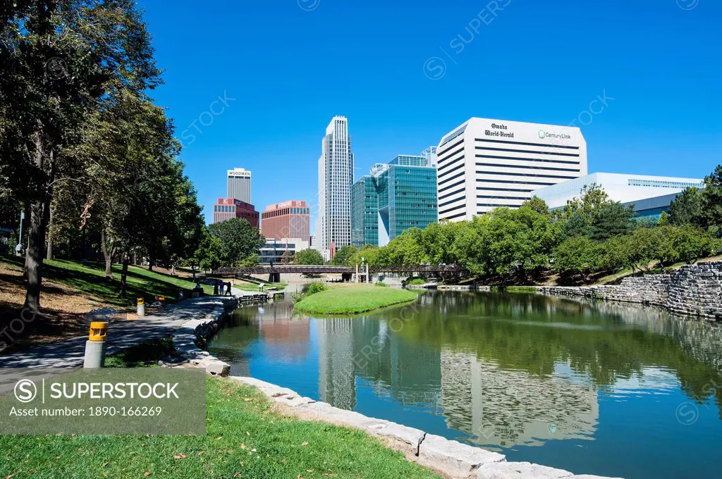 City park lagoon with downtown Omaha, Nebraska, United States of America, North America