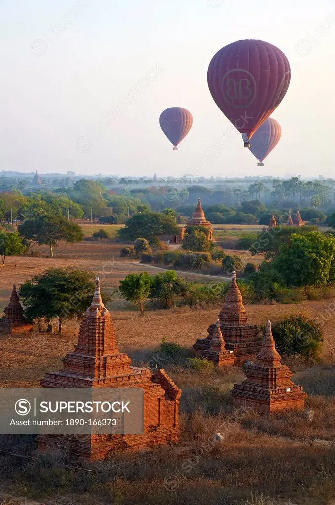 Hot air balloons above Bagan (Pagan), Myanmar (Burma), Asia