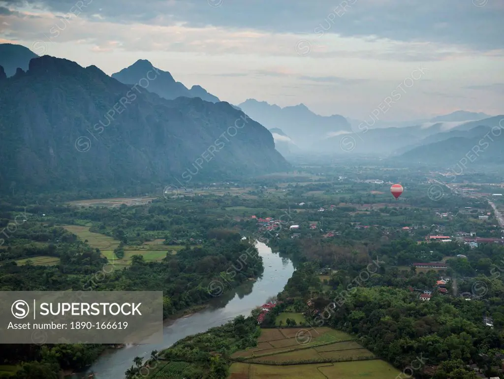View from hot air balloon ride, Vang Vieng, Laos, Indochina, Southeast Asia, Asia