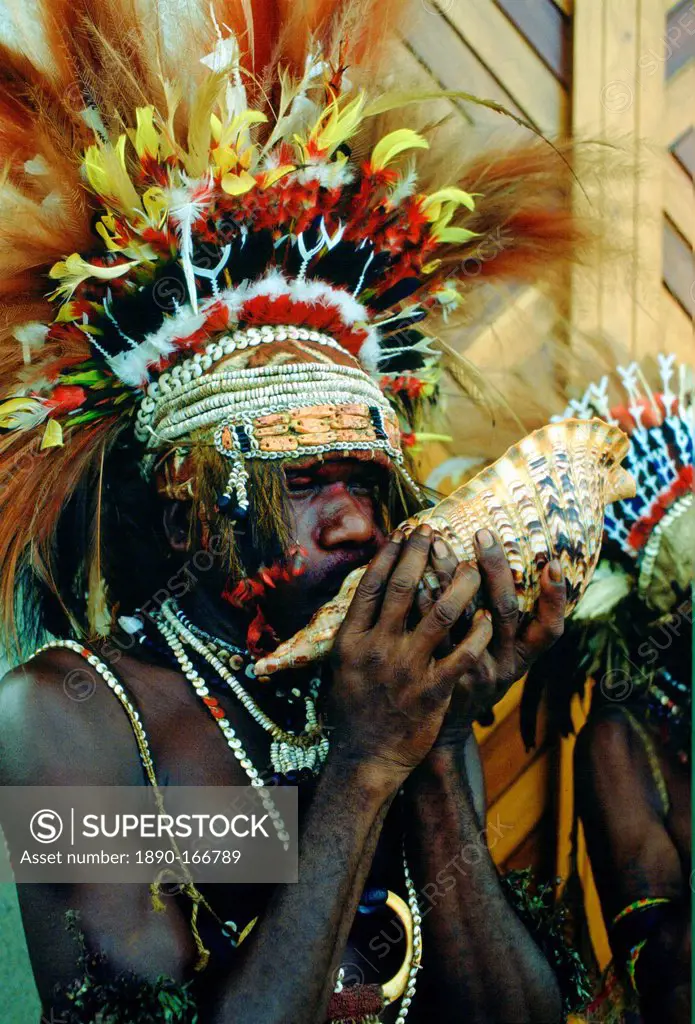 Bearded tribesman wearing war paints and feathered headdress during a gathering of tribes at Mount Hagen in Papua New Guinea