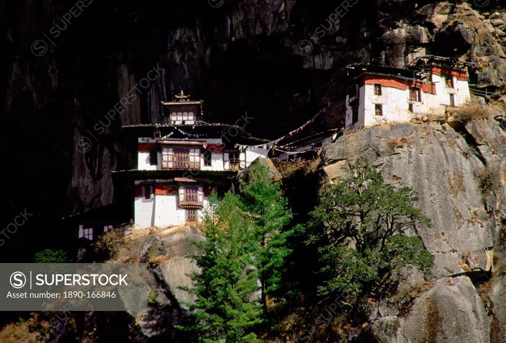 The Tak Tsang (Tiger's Nest) Buddhist monastery nestled on the granite cliffs above Paro, Bhutan.