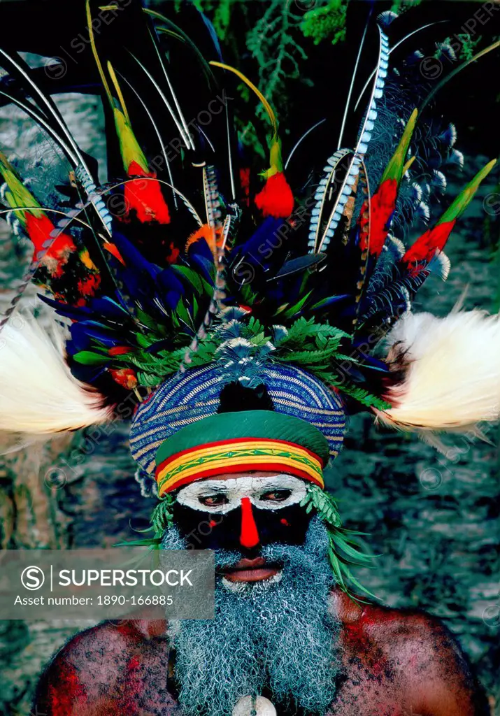 Bearded tribesman wearing war paints and feathered headdress during a gathering of tribes at Mount Hagen in Papua New Guinea