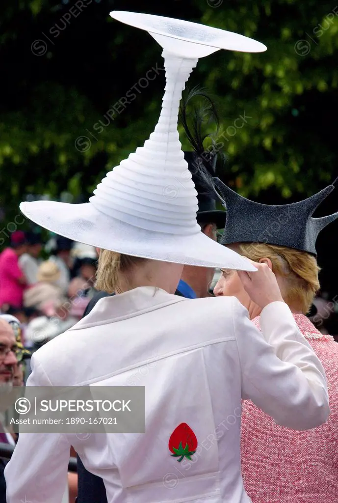 Race-goer wearing a hat like an upturned wine glass in true Ascot fashion at Ascot Races