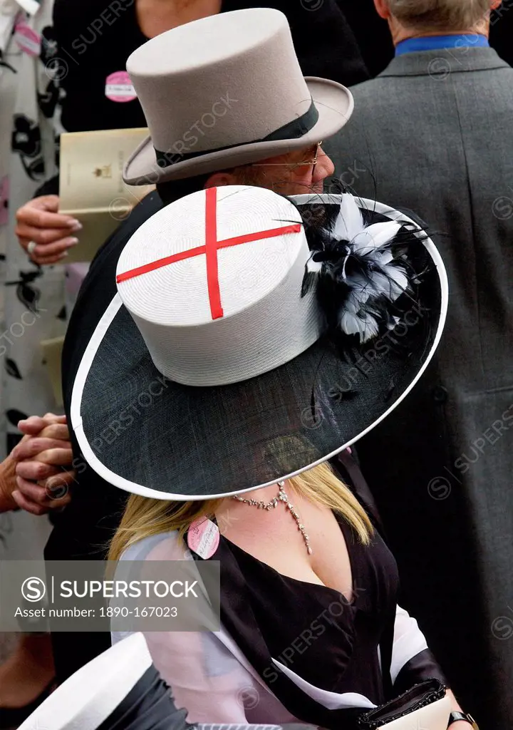 Race-goer wearing a hat showing the St George's flag for England at Royal Ascot Races