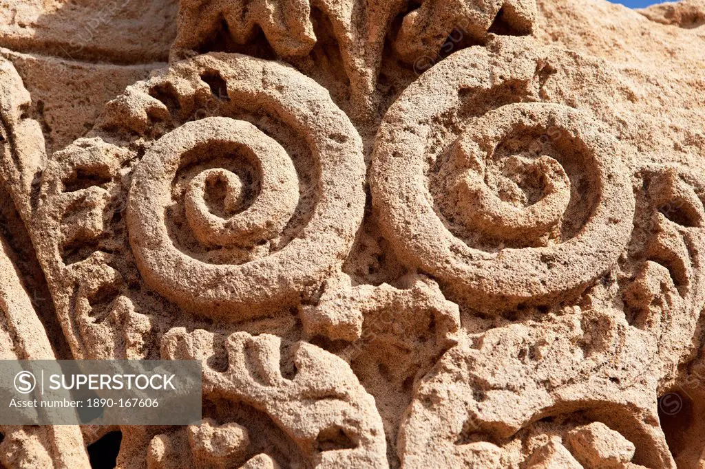 Detail of a column in the bath house, Apollonia, Libya, North Africa, Africa