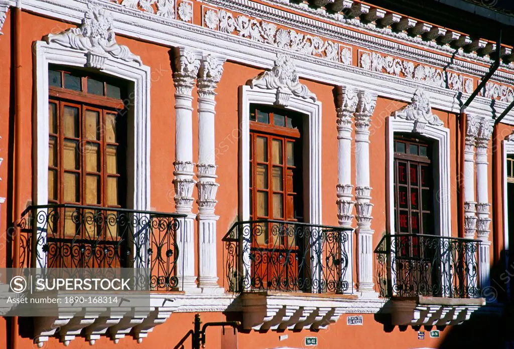 Sunlight on Neoclassical architecture of a building in Colonial Quito, Ecuador, South America