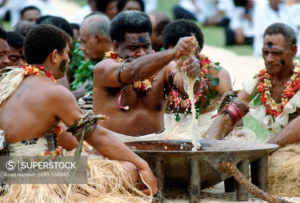Preparing traditional Kava drink at ceremony, Fiji, South Pacific