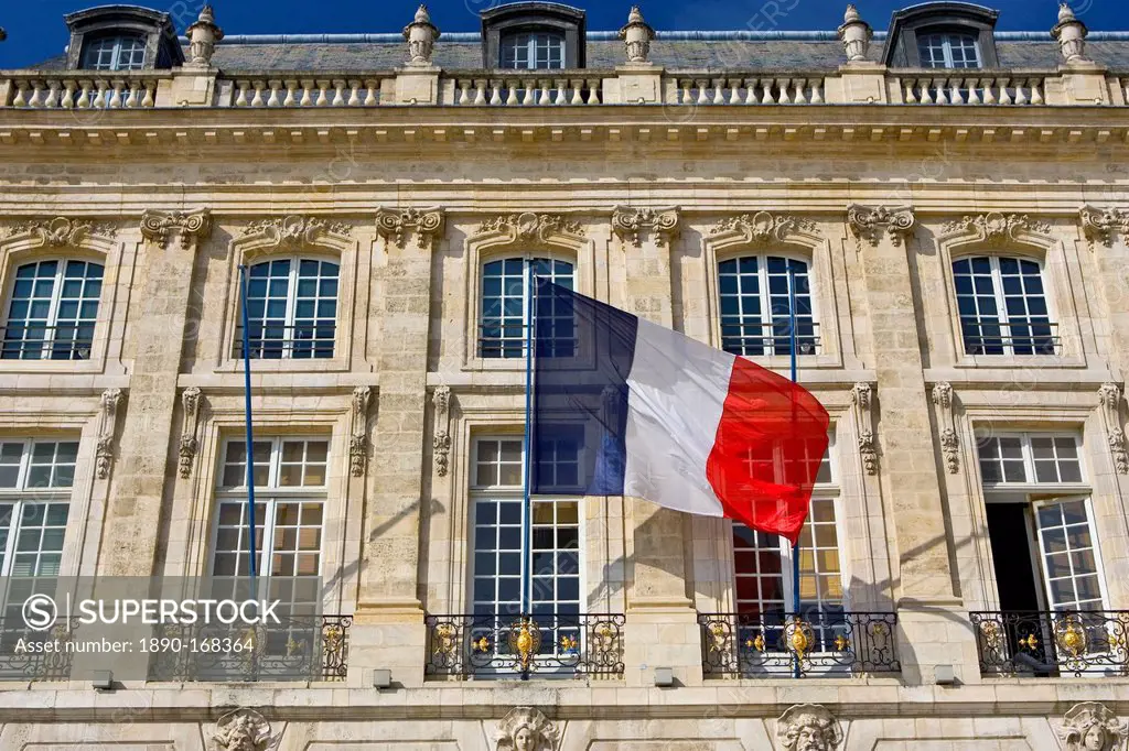 French flag at Place de la Bourse in Bordeaux, France
