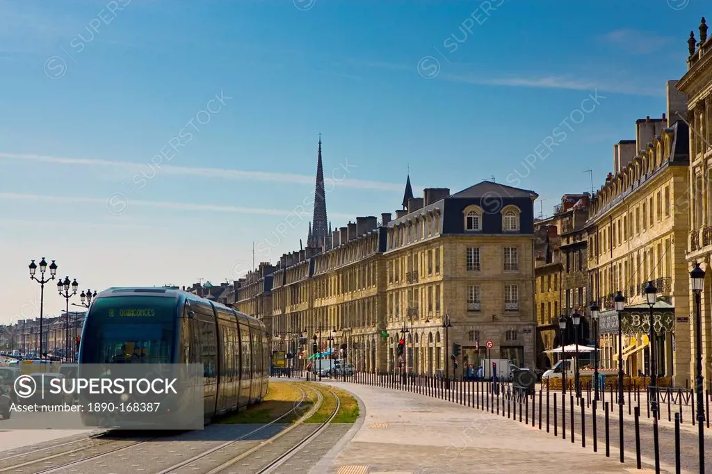 Public transport tram system runs in old Bordeaux, France.