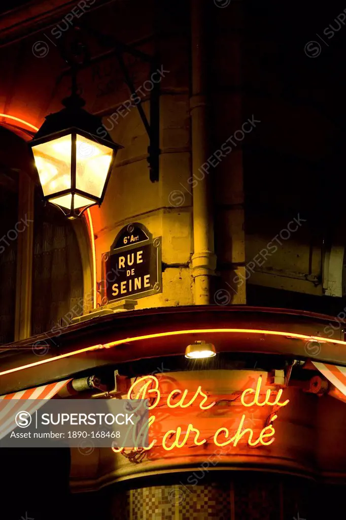 Bar du Marché sign, Rue de Seine, Left Bank, Paris, France