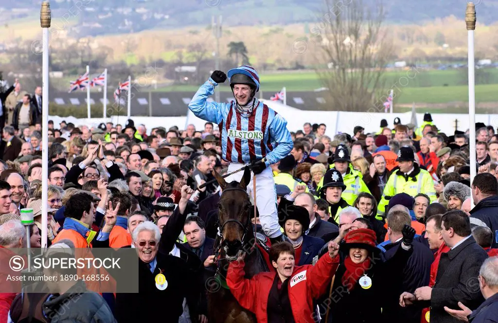 Gold Cup winning jockey Jim Culloty riding race horse Best Mate makes his way triumphantly through the crowds at the Cheltenham National Hunt Festival...