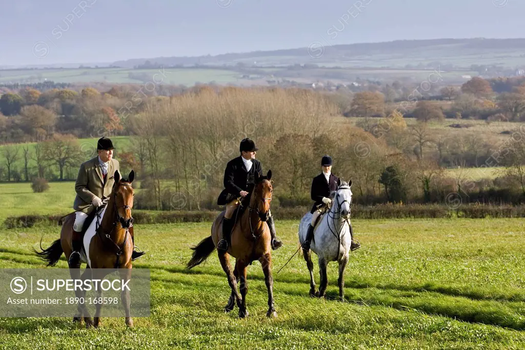 Members of Heythrop Hunt ride across field at Westcote, The Cotswolds, Oxfordshire, United Kingdom