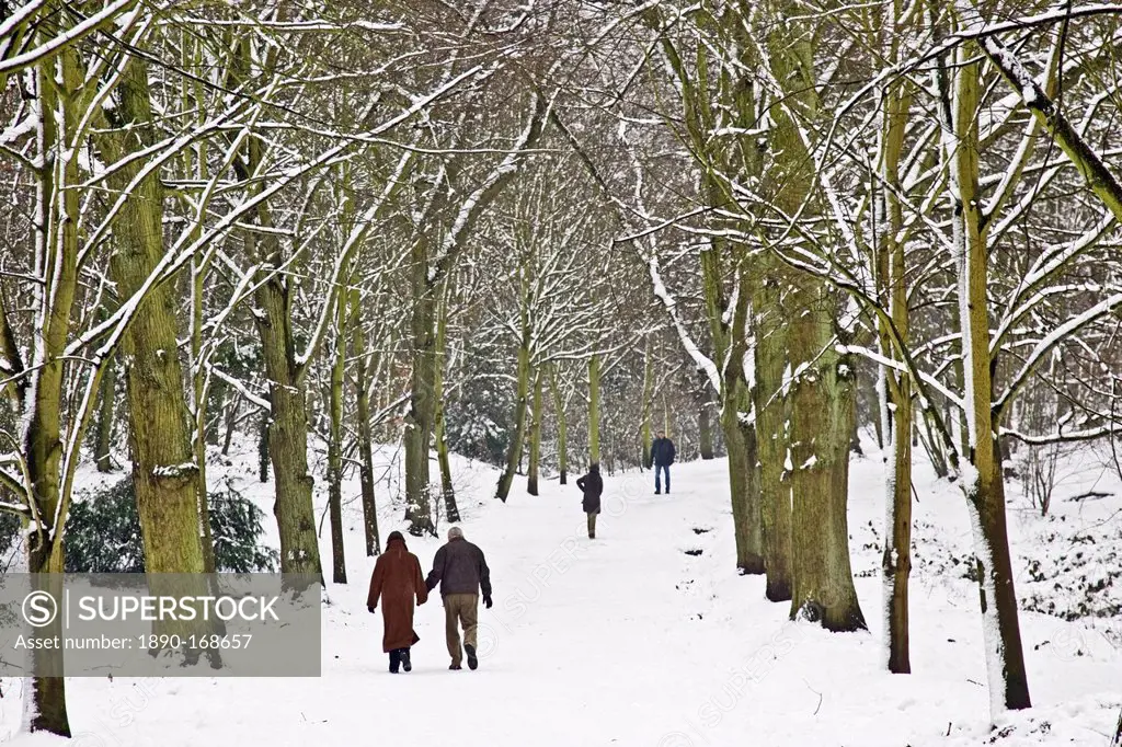 Couple walk hand in hand across snow-covered Hampstead Heath, North London, United Kingdom