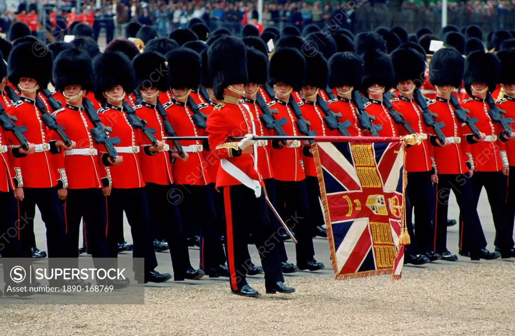 Colour bearer leads soldiers at Trooping the Colour, London, United Kingdom