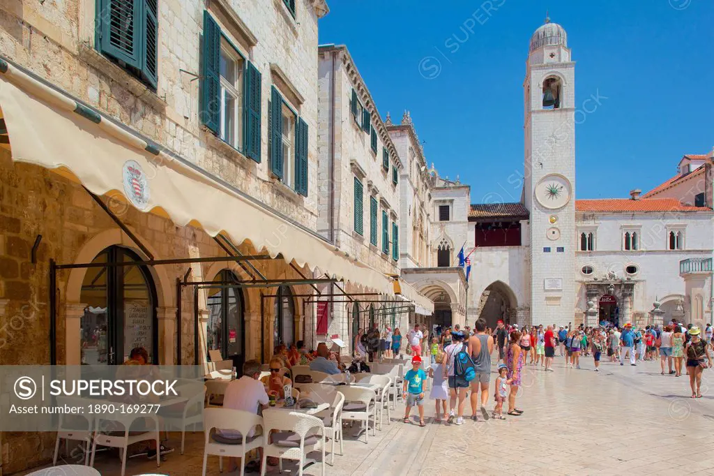 Clocktower and cafe, Dubrovnik, Dalmatia, Croatia, Europe