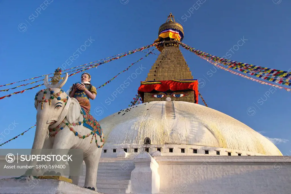 Warrior on elephant guards the north side of Boudhanath Stupa, UNESCO World Heritage Site, Kathmandu, Nepal, Asia