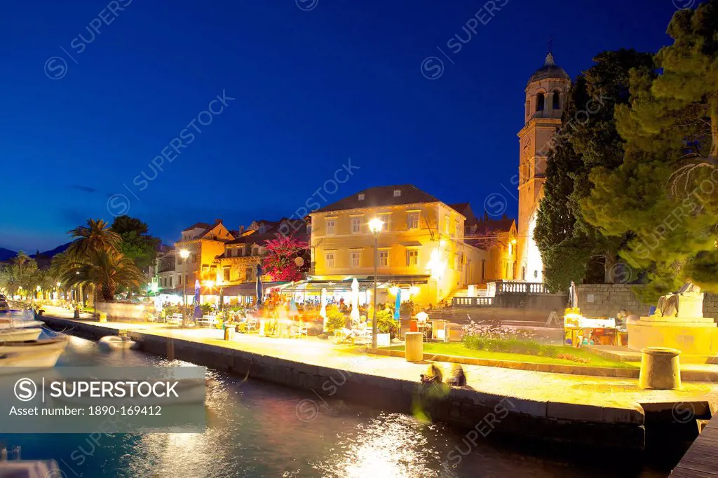 Church of St. Nicholas and bars at dusk, Cavtat, Dubrovnik Riviera, Dalmatian Coast, Dalmatia, Croatia, Europe