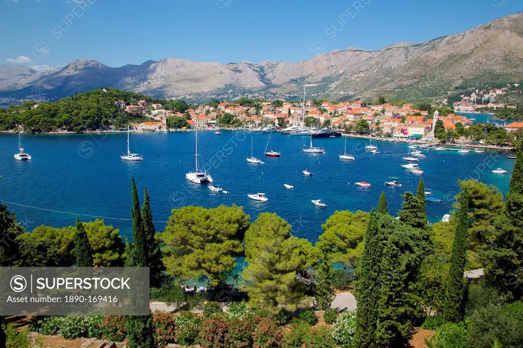 View of Old Town and Adriatic coast, Cavtat, Dubrovnik Riviera, Dalmatian Coast, Dalmatia, Croatia, Europe