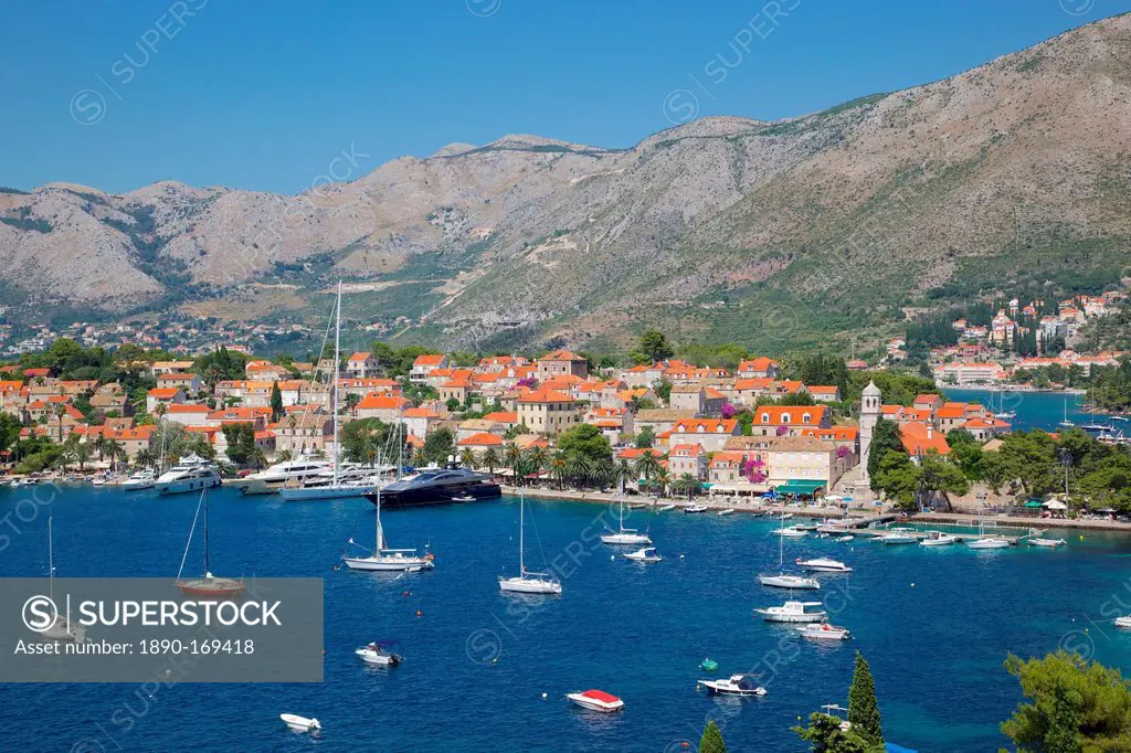 View of Old Town and Adriatic Coast, Cavtat, Dubrovnik Riviera, Dalmatian Coast, Dalmatia, Croatia, Europe