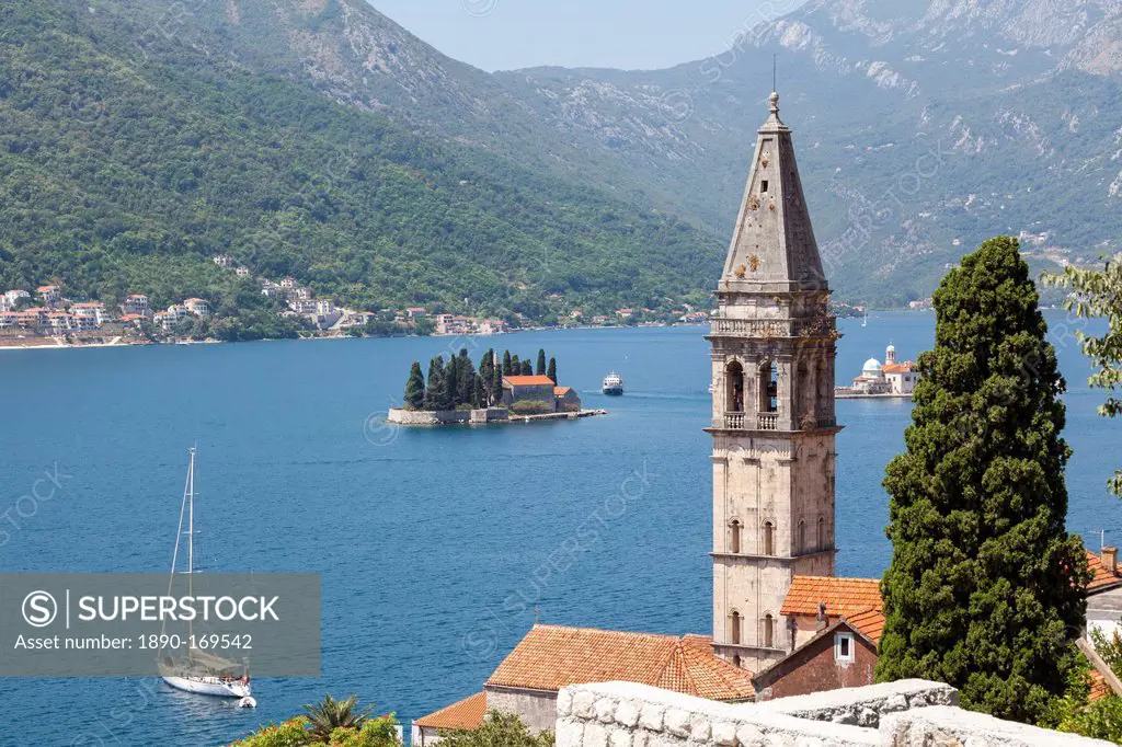 St. Nicholas Church and St. George's Island in the background, Perast, Bay of Kotor, UNESCO World Heritage Site, Montenegro, Europe