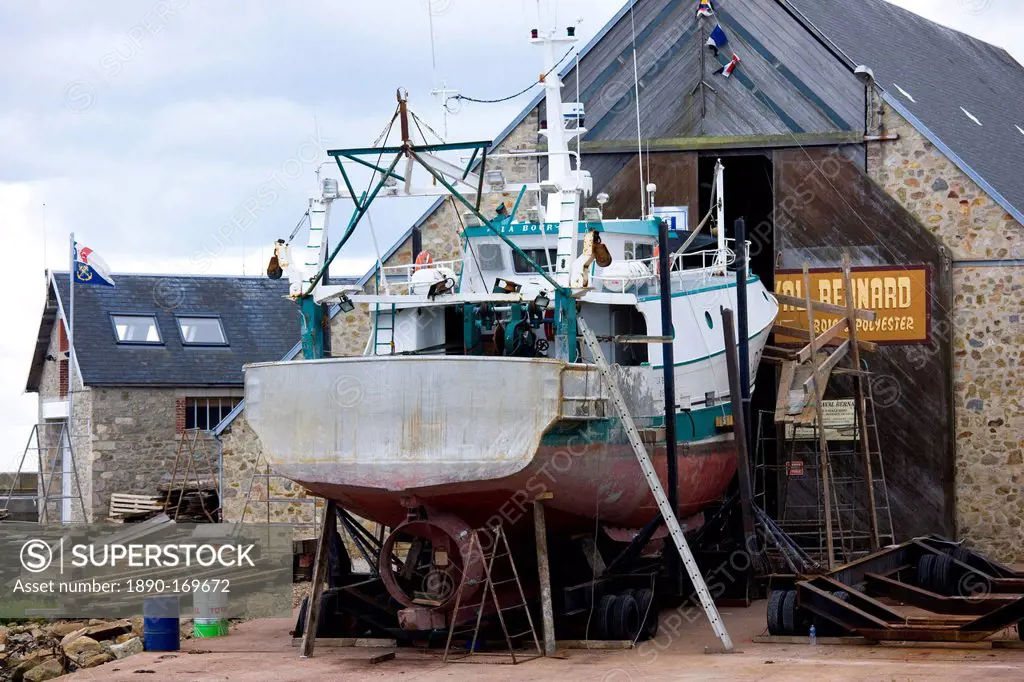 Boatyard at Channel port of St Vaast La Hougue in Normandy, France