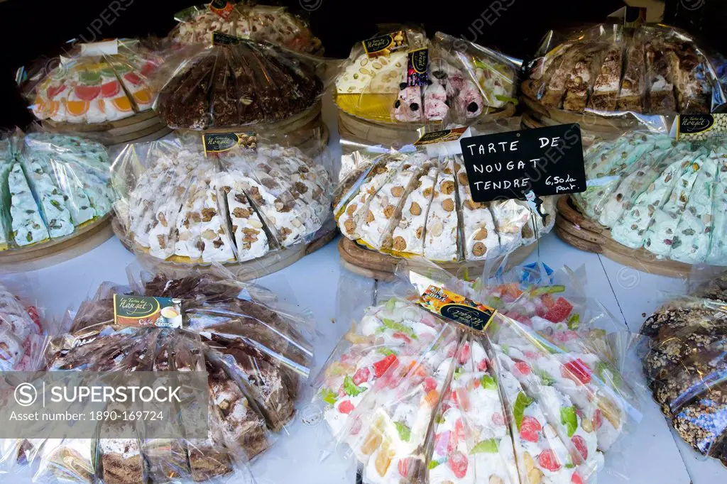 Tarte de Nougat Tendre sweet cakes on sale in Brantome in North Dordogne, France