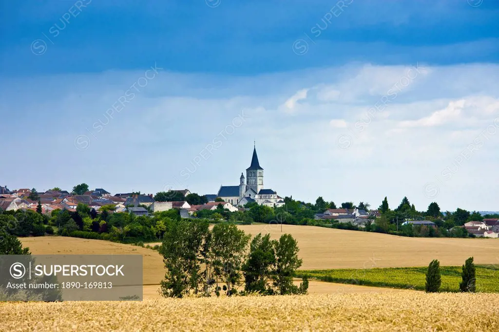 Village of Faye La Vineuse with tall spire, Loire Valley, France